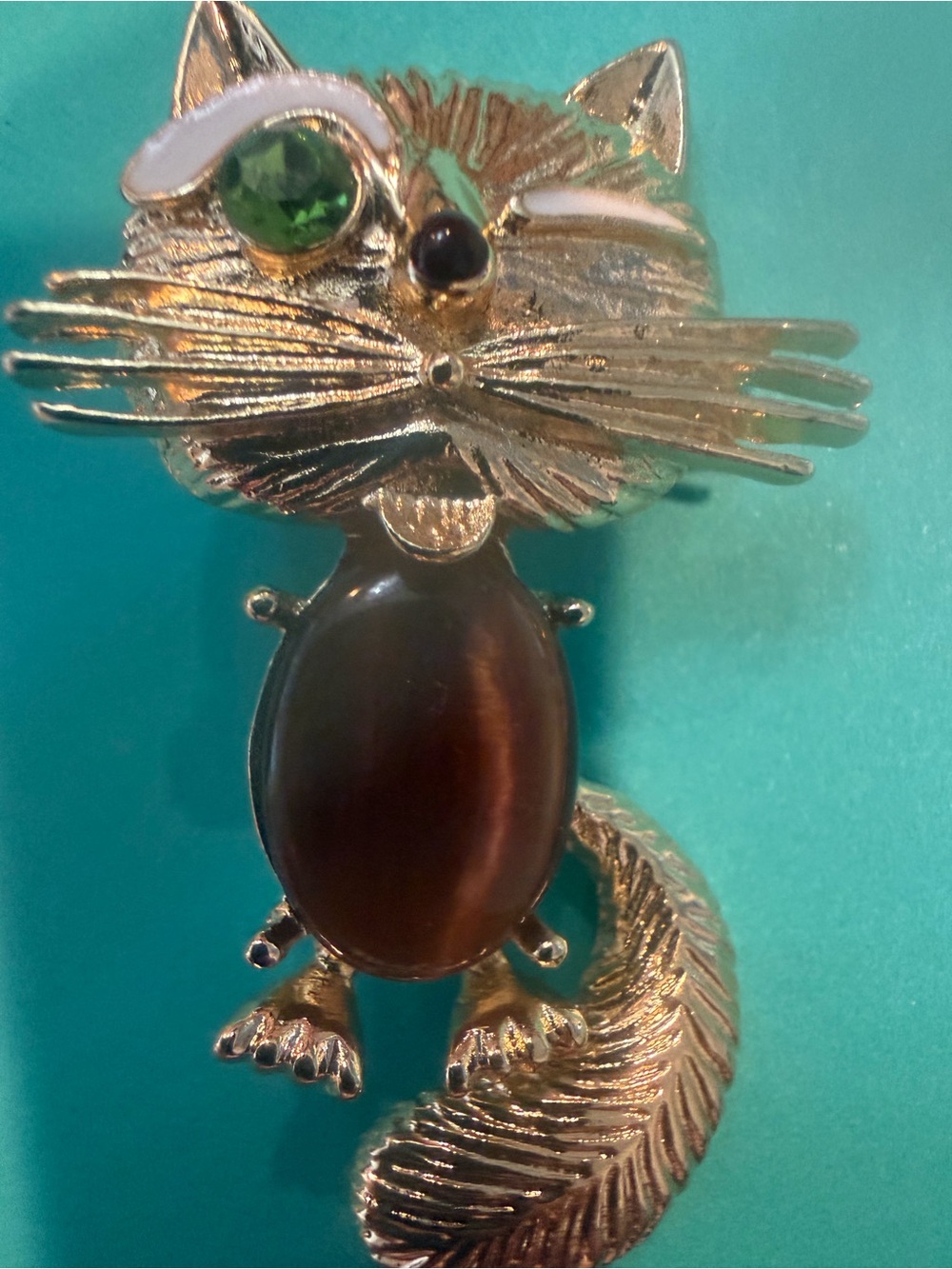 Vintage Jelly Belly Cat Gold Tone Brooch with Green Eye and Brown Belly